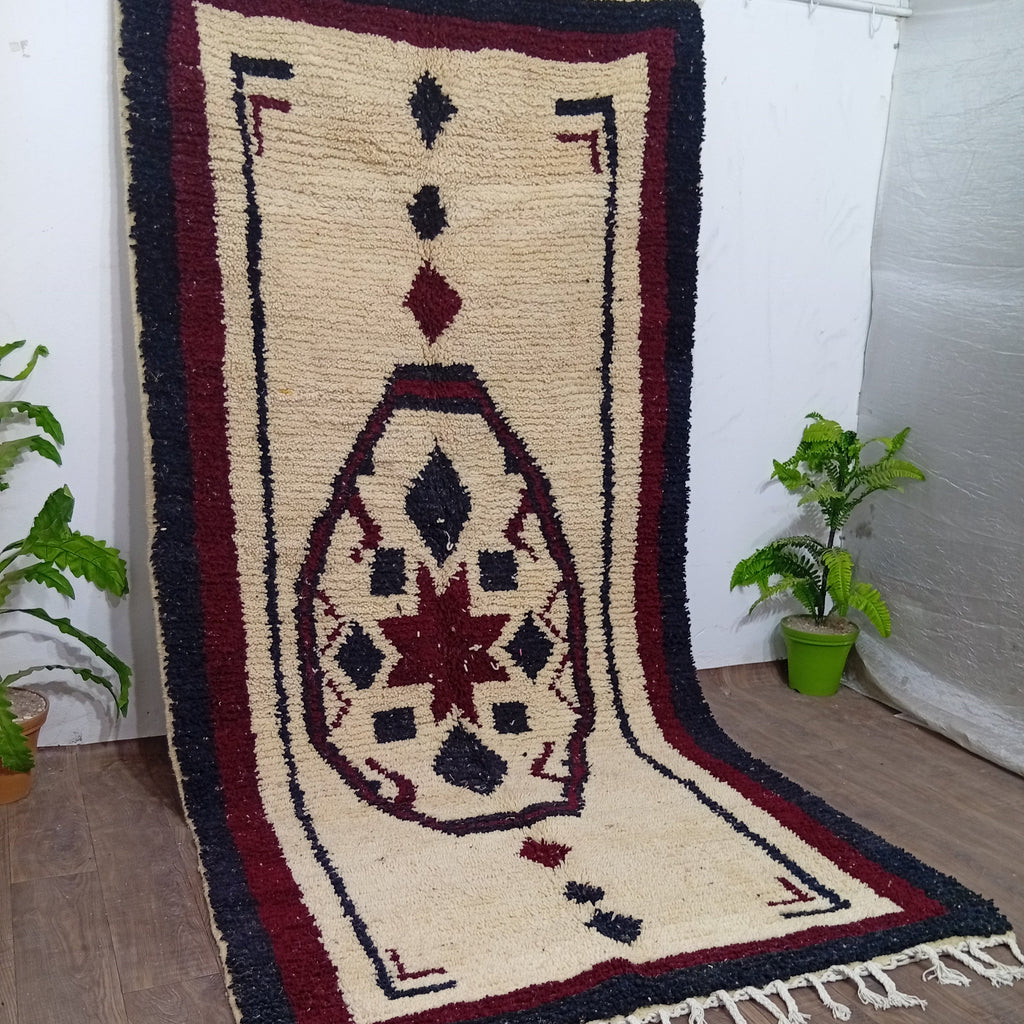 A traditional Moroccan-style wool rug with a cream base, dark navy blue borders, and a central red and navy geometric medallion, shown draped over a white wall on a wooden floor with potted plants.