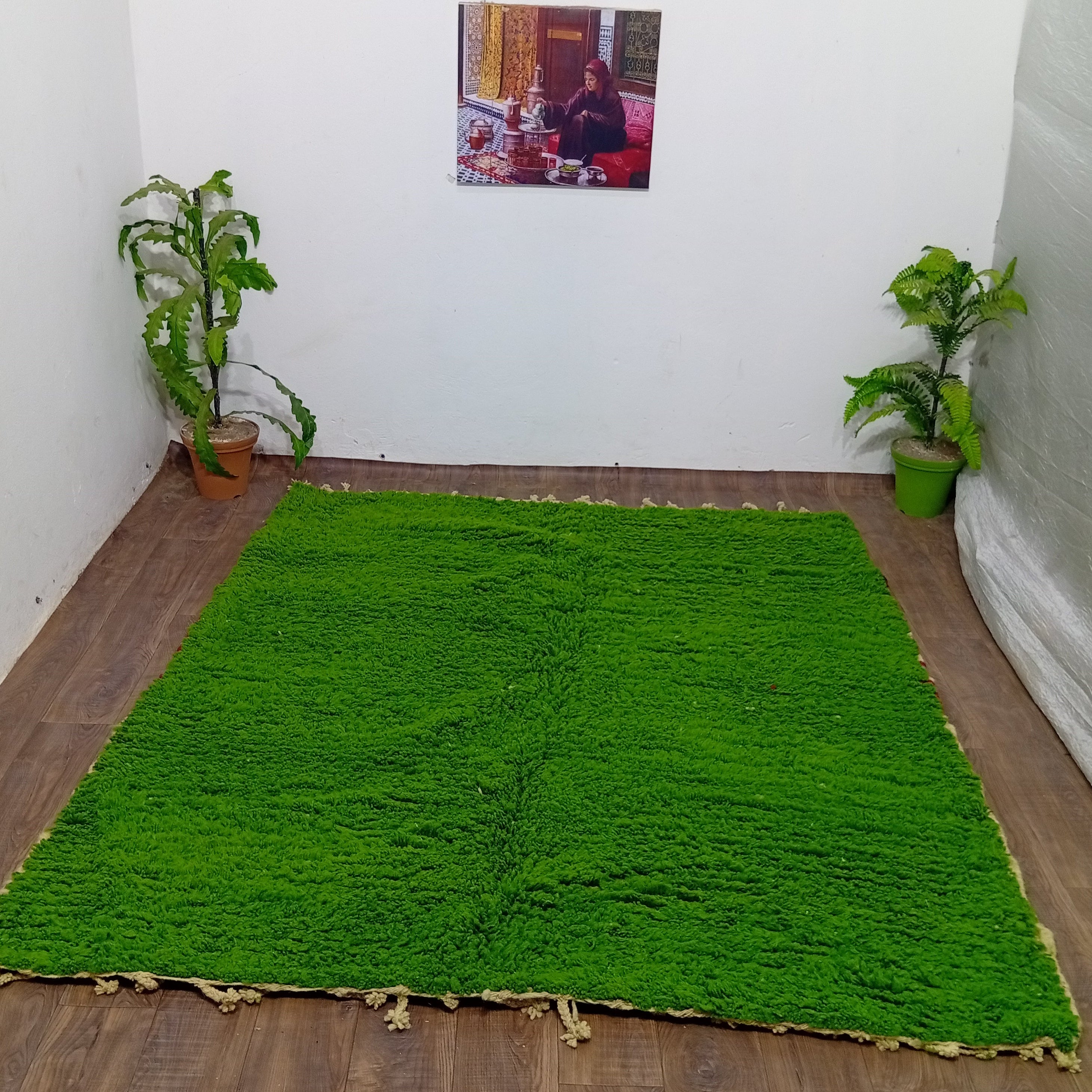 Custom Handmade Moroccan Rug in Green, Thick Wool Berber Carpet
