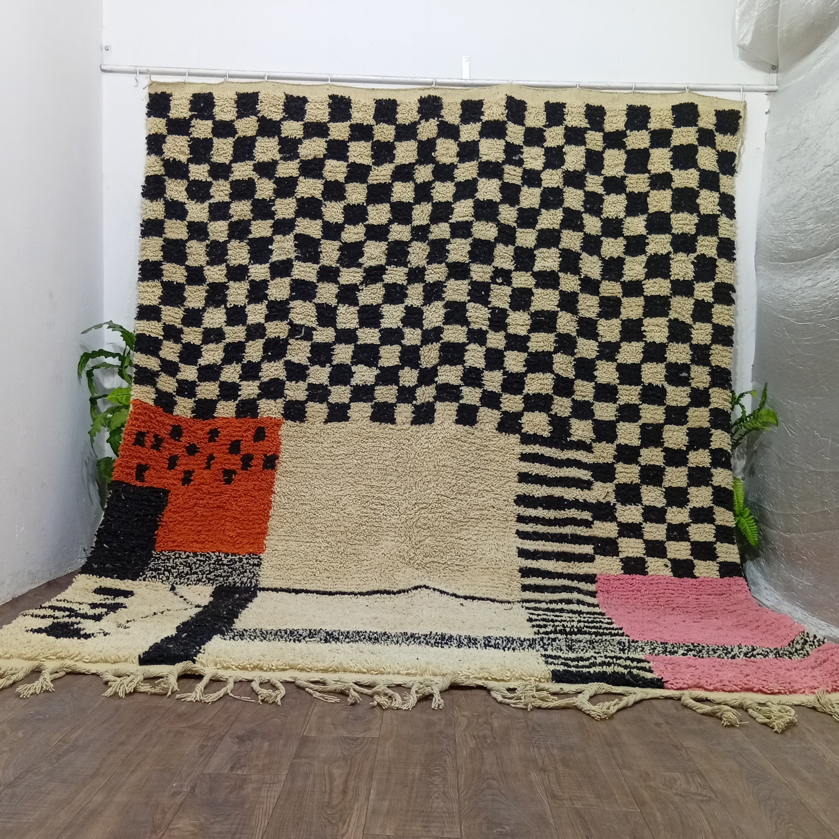 Custom Checkered Moroccan Wool Rug – Handmade Plush Berber Carpet for Living Room or Bedroom