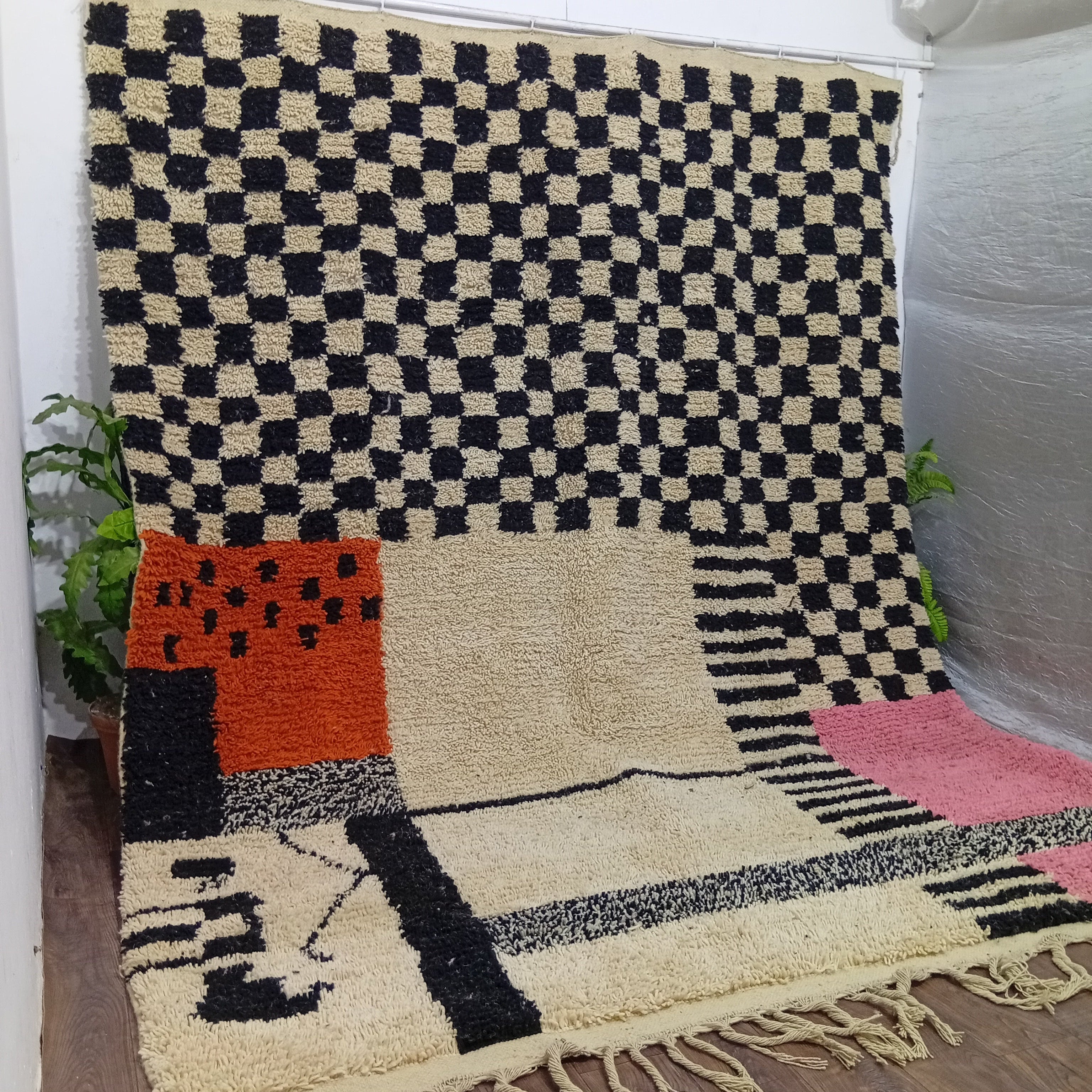 Custom Checkered Moroccan Wool Rug – Handmade Plush Berber Carpet for Living Room or Bedroom