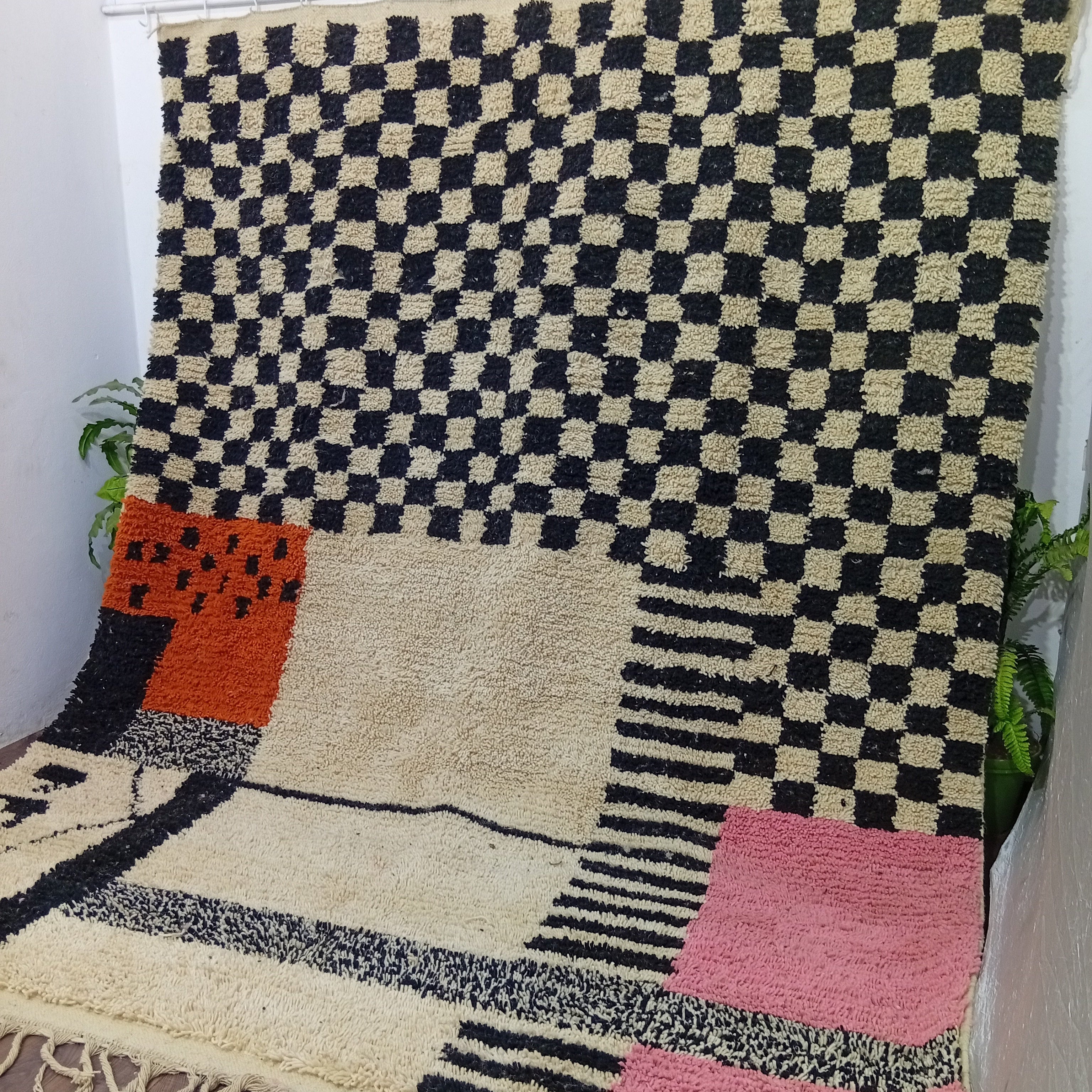 Custom Checkered Moroccan Wool Rug – Handmade Plush Berber Carpet for Living Room or Bedroom
