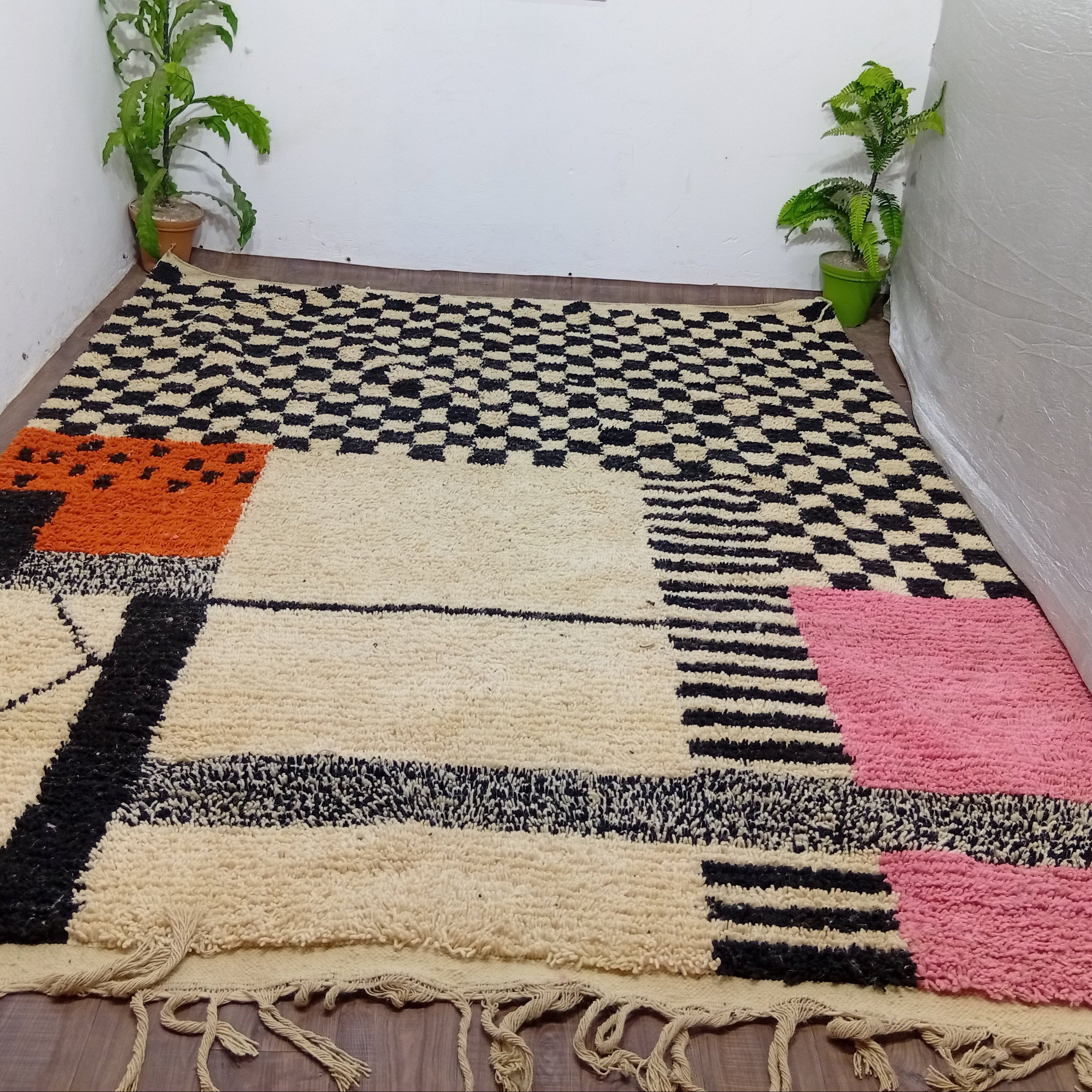 Custom Checkered Moroccan Wool Rug – Handmade Plush Berber Carpet for Living Room or Bedroom