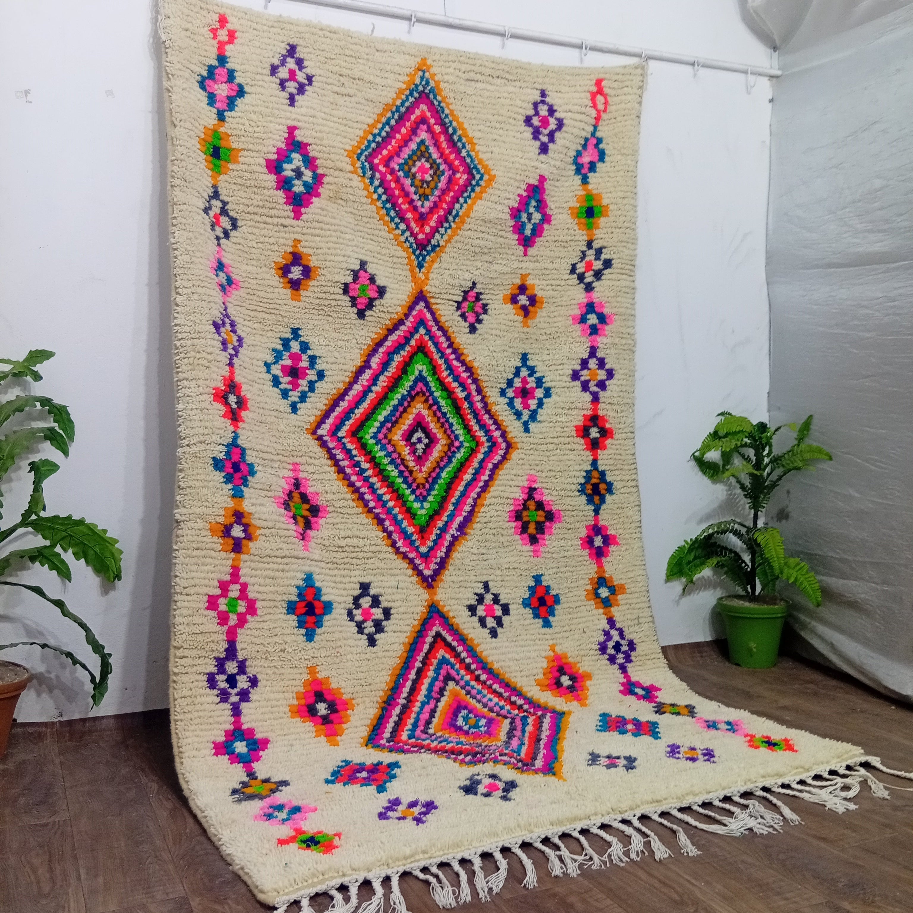 Custom Berber Rug - Ivory Rainbow Diamond Wool Rug | Made To Order