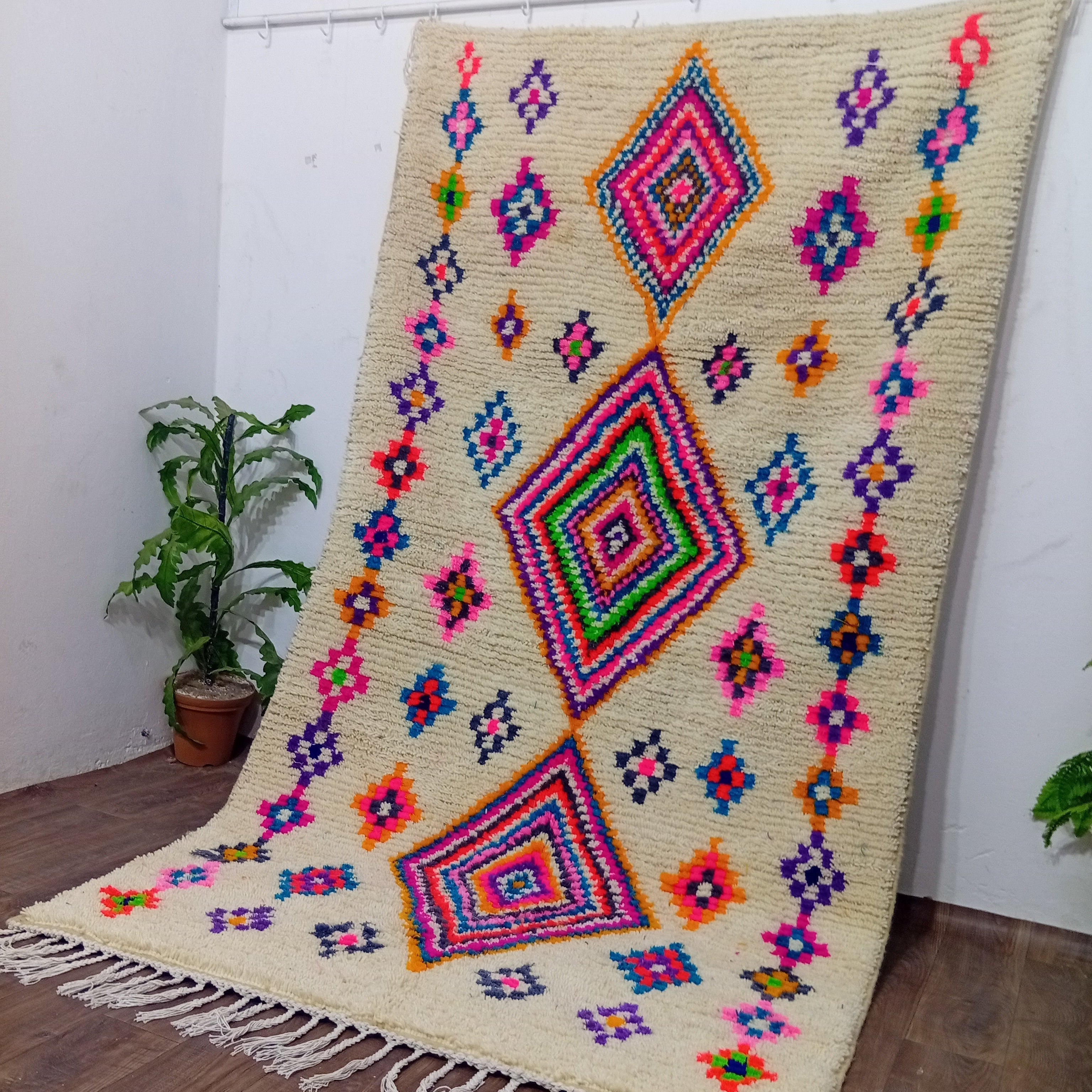 Custom Berber Rug - Ivory Rainbow Diamond Wool Rug | Made To Order
