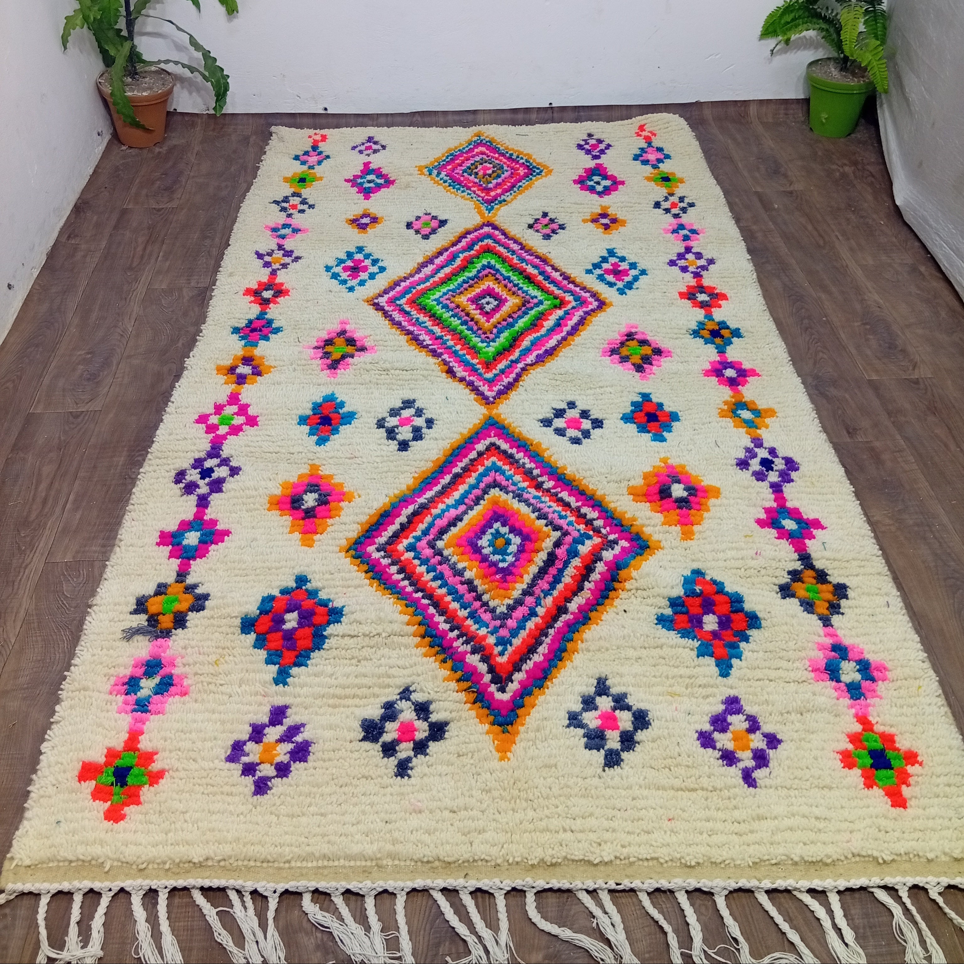 Custom Berber Rug - Ivory Rainbow Diamond Wool Rug | Made To Order