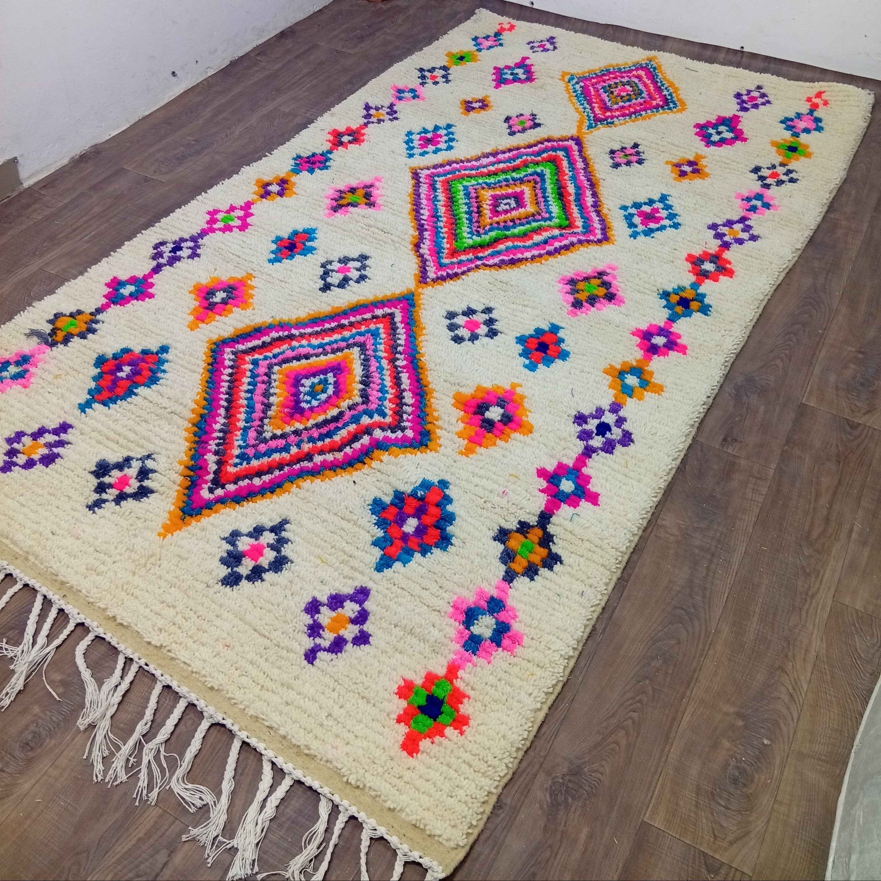 Custom Berber Rug - Ivory Rainbow Diamond Wool Rug | Made To Order