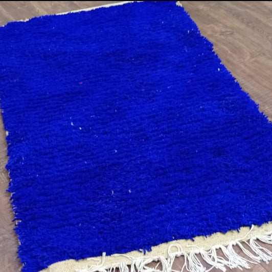 Solid Blue Moroccan Rug – Handmade Plush Wool Carpet, Minimalist Beni Ourain Style, Custom Berber Rug
