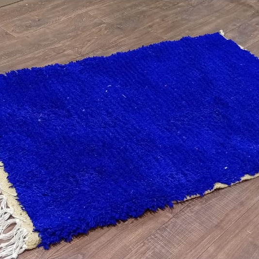 Solid Blue Moroccan Rug – Handmade Plush Wool Carpet, Minimalist Beni Ourain Style, Custom Berber Rug