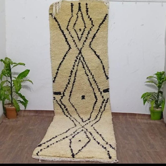 Ivory & Black Moroccan Runner Rug – Handmade Berber Hallway Rug, Minimalist Beni Ourain Style Wool Runner, Custom Moroccan Carpet