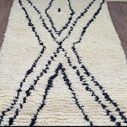 Ivory & Black Moroccan Runner Rug – Handmade Berber Hallway Rug, Minimalist Beni Ourain Style Wool Runner, Custom Moroccan Carpet