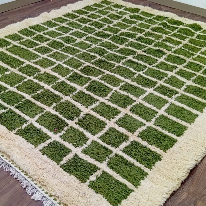 Handmade Custom Berber Grid Rug in Olive & Moss Green