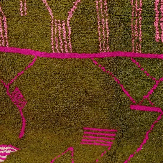 Custom Handmade Moroccan Berber Rug – Olive Green with Bold Fuchsia Lines