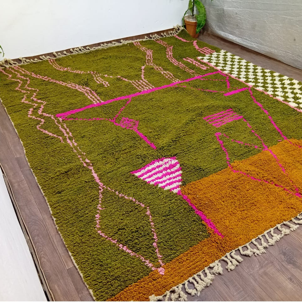 Custom Handmade Moroccan Berber Rug – Olive Green with Bold Fuchsia Lines