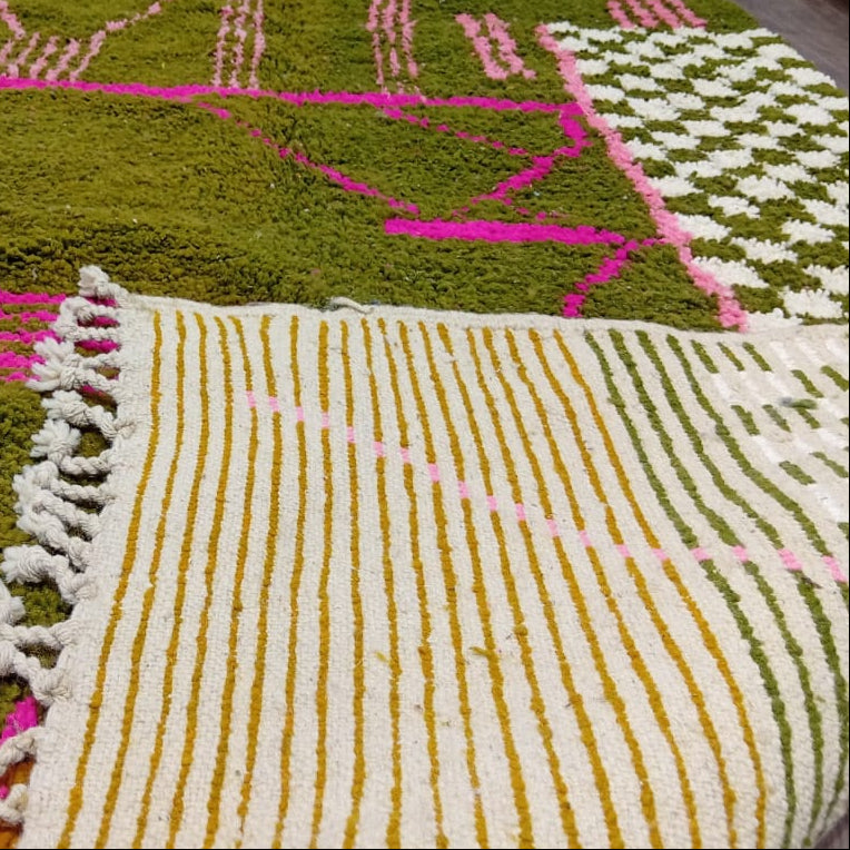 Custom Handmade Moroccan Berber Rug – Olive Green with Bold Fuchsia Lines