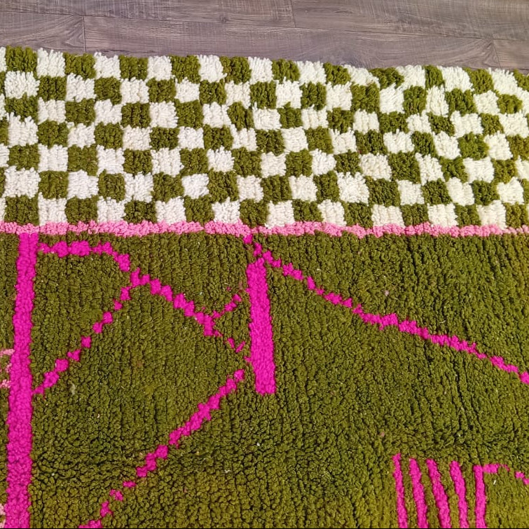 Custom Handmade Moroccan Berber Rug – Olive Green with Bold Fuchsia Lines