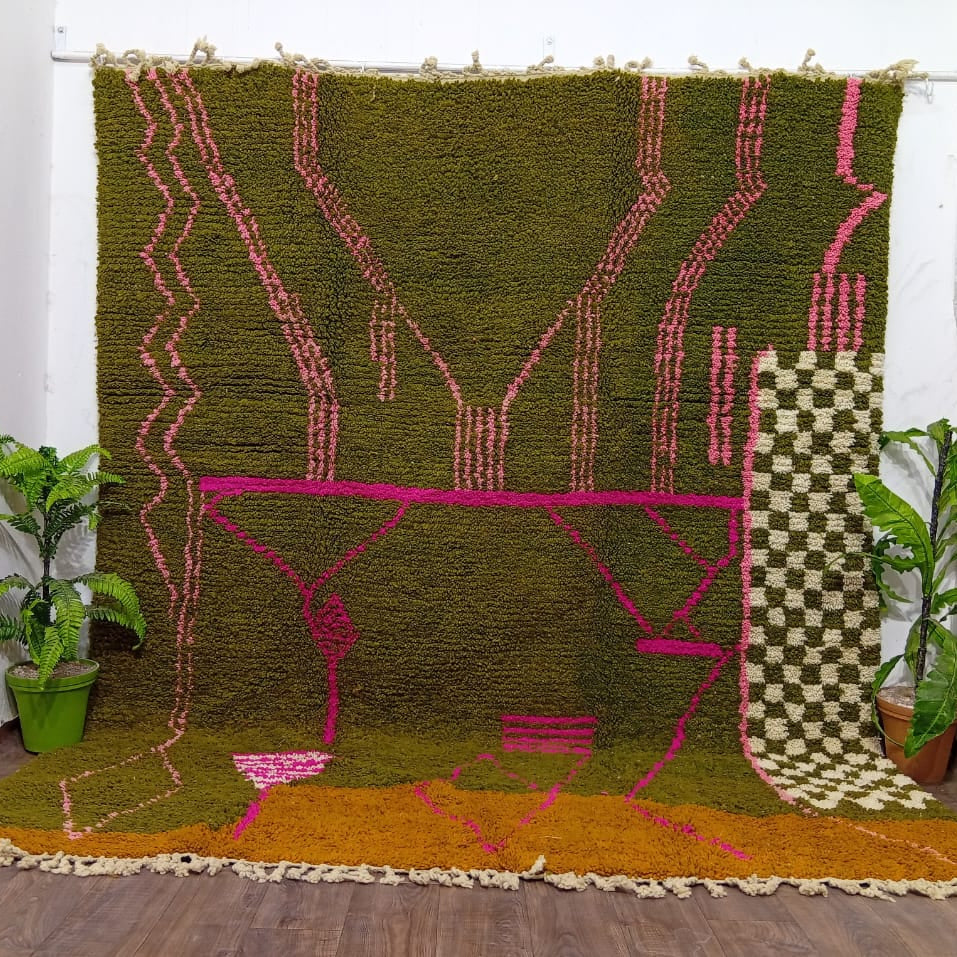 Custom Handmade Moroccan Berber Rug – Olive Green with Bold Fuchsia Lines