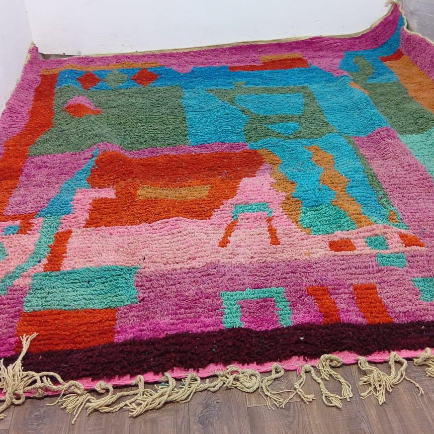 Custom Handmade Moroccan Berber Rug – Multicolor Abstract with Turquoise and Pink Accents