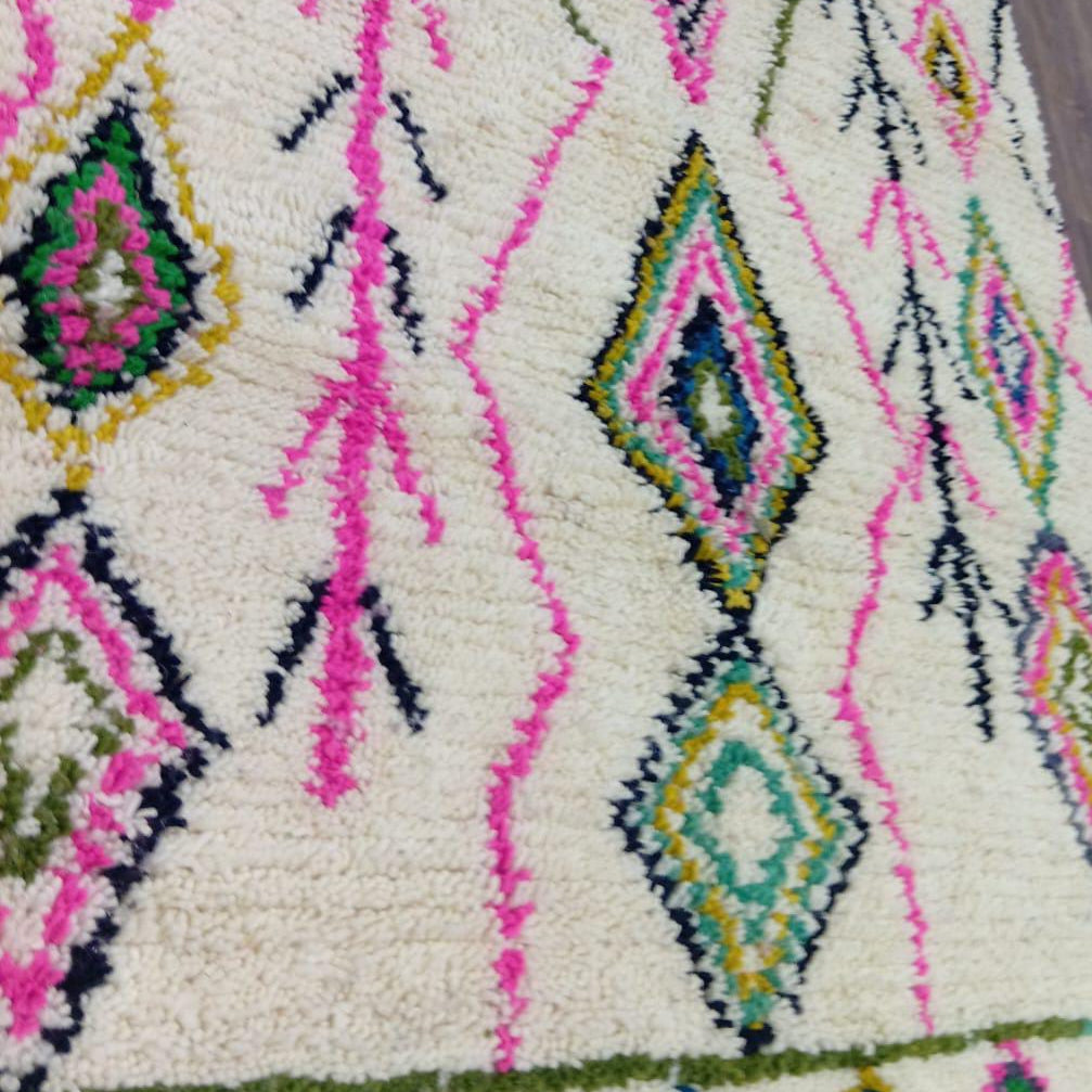 White Moroccan Rug with Colorful Diamond Patterns - Handcrafted Made to Order