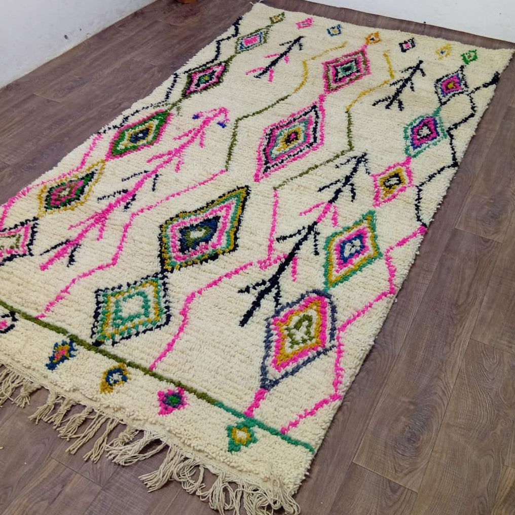 White Moroccan Rug with Colorful Diamond Patterns - Handcrafted Made to Order