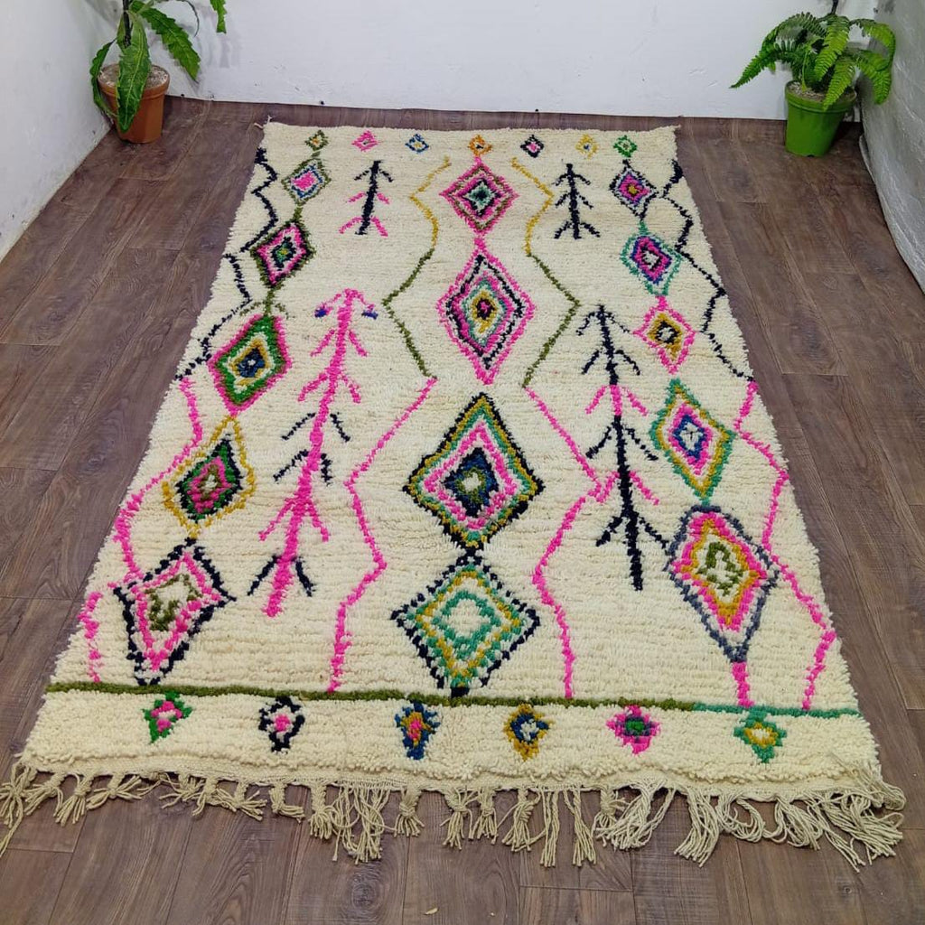 White Moroccan Rug with Colorful Diamond Patterns - Handcrafted Made to Order