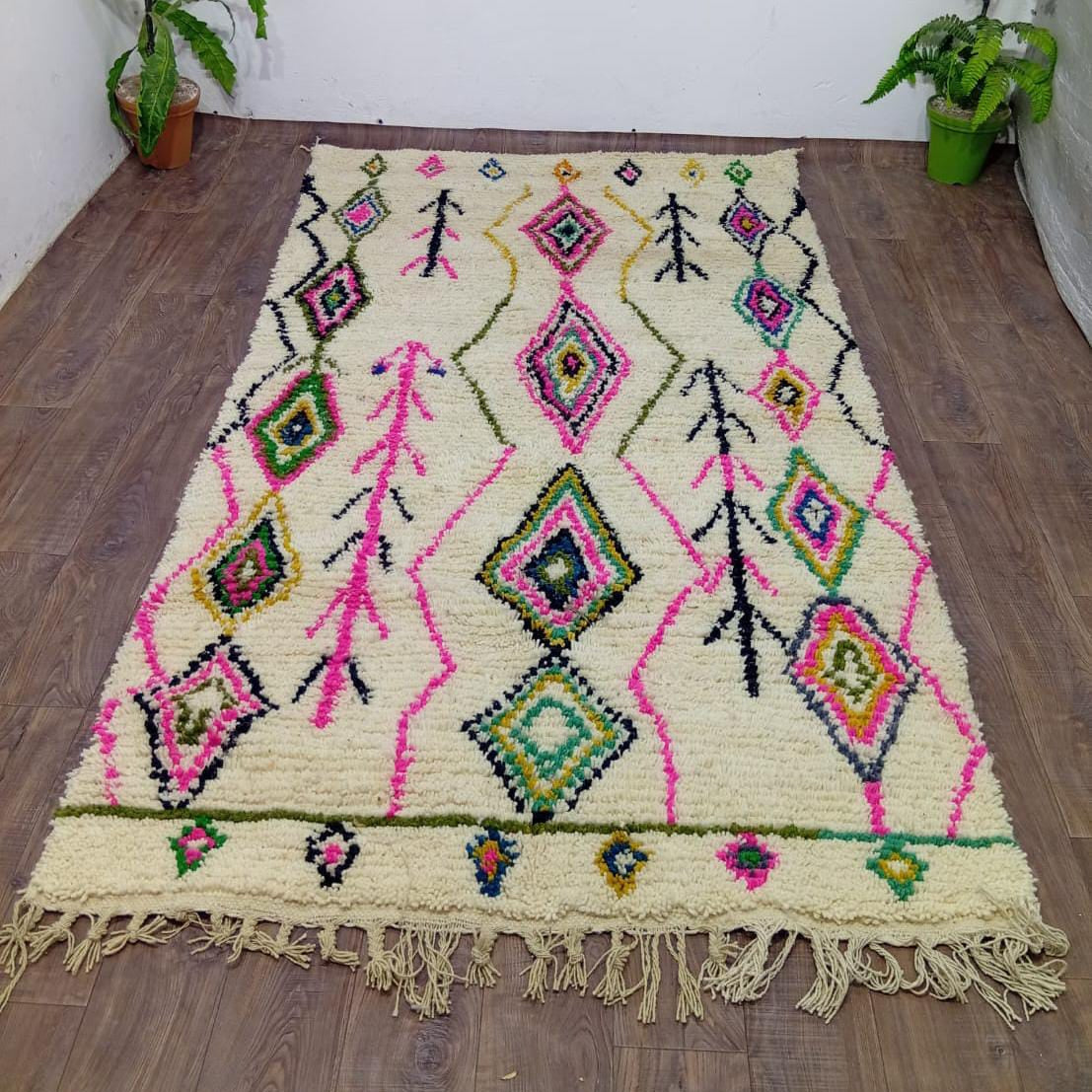 White Moroccan Rug with Colorful Diamond Patterns - Handcrafted Made to Order