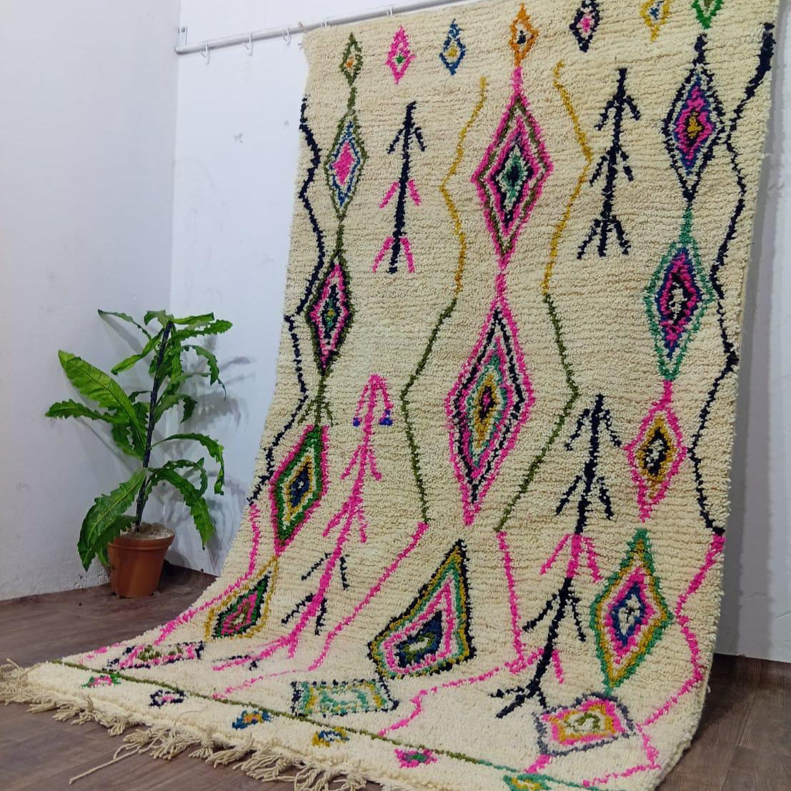 White Moroccan Rug with Colorful Diamond Patterns - Handcrafted Made to Order