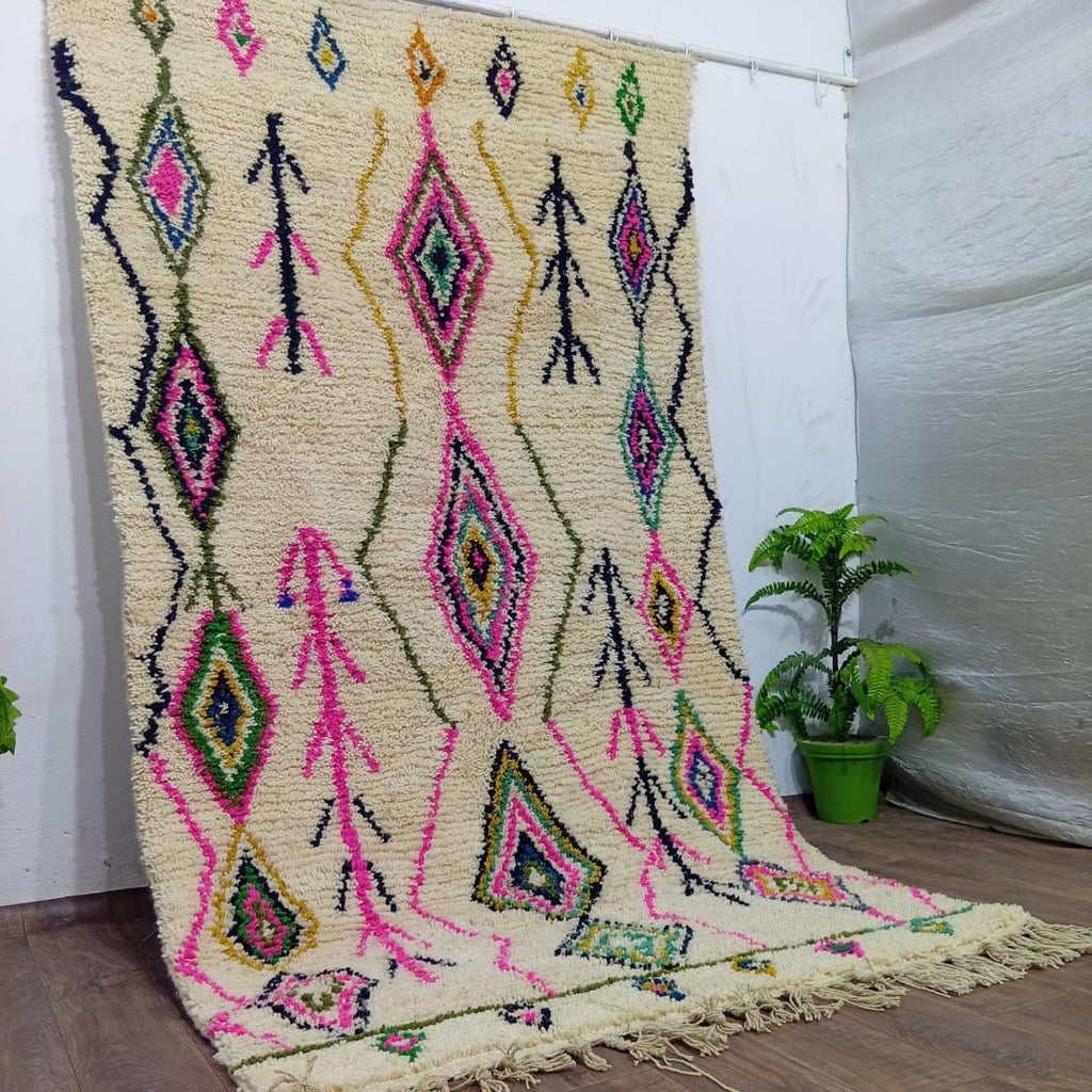 White Moroccan Rug with Colorful Diamond Patterns - Handcrafted Made to Order