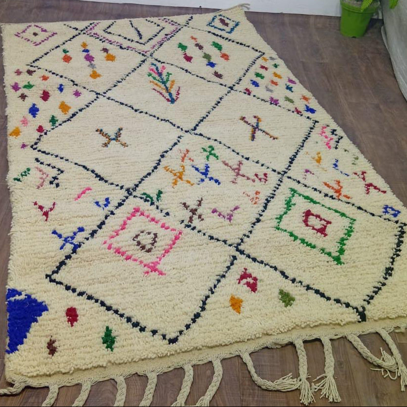 Cream Moroccan Berber Rug – Handmade Colorful Geometric Wool Carpet