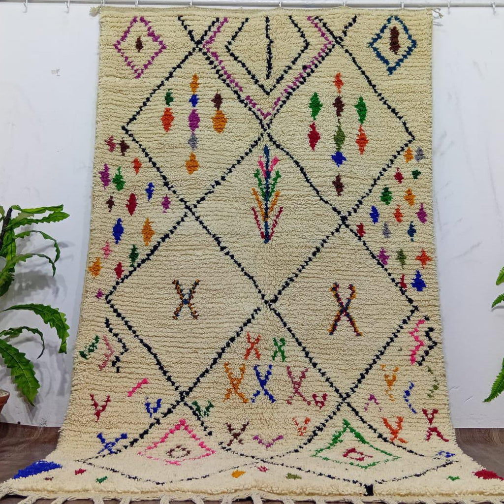 Cream Moroccan Berber Rug – Handmade Colorful Geometric Wool Carpet
