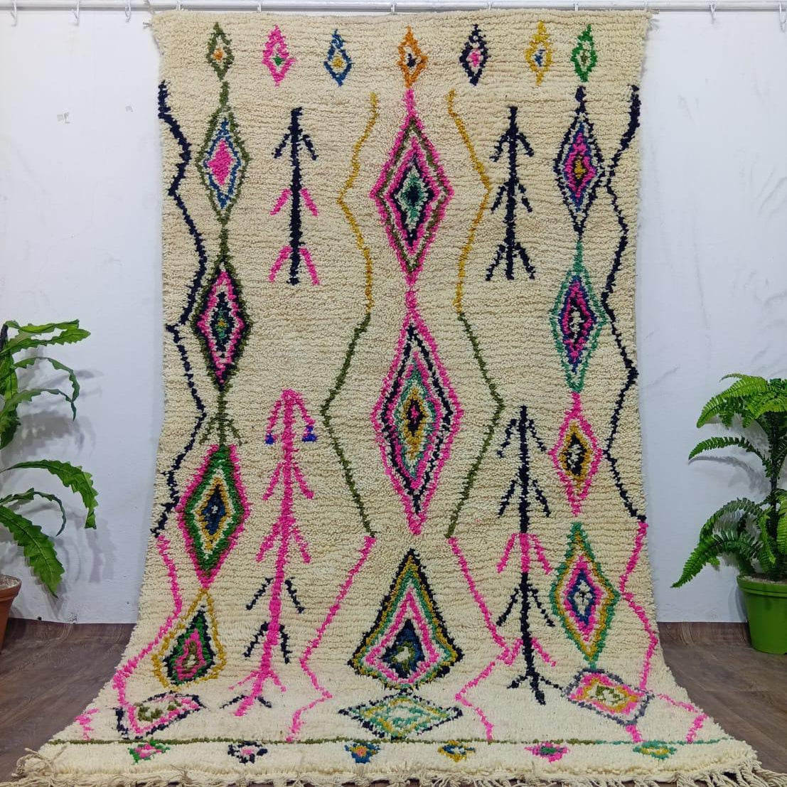 White Moroccan Rug with Colorful Diamond Patterns - Handcrafted Made to Order